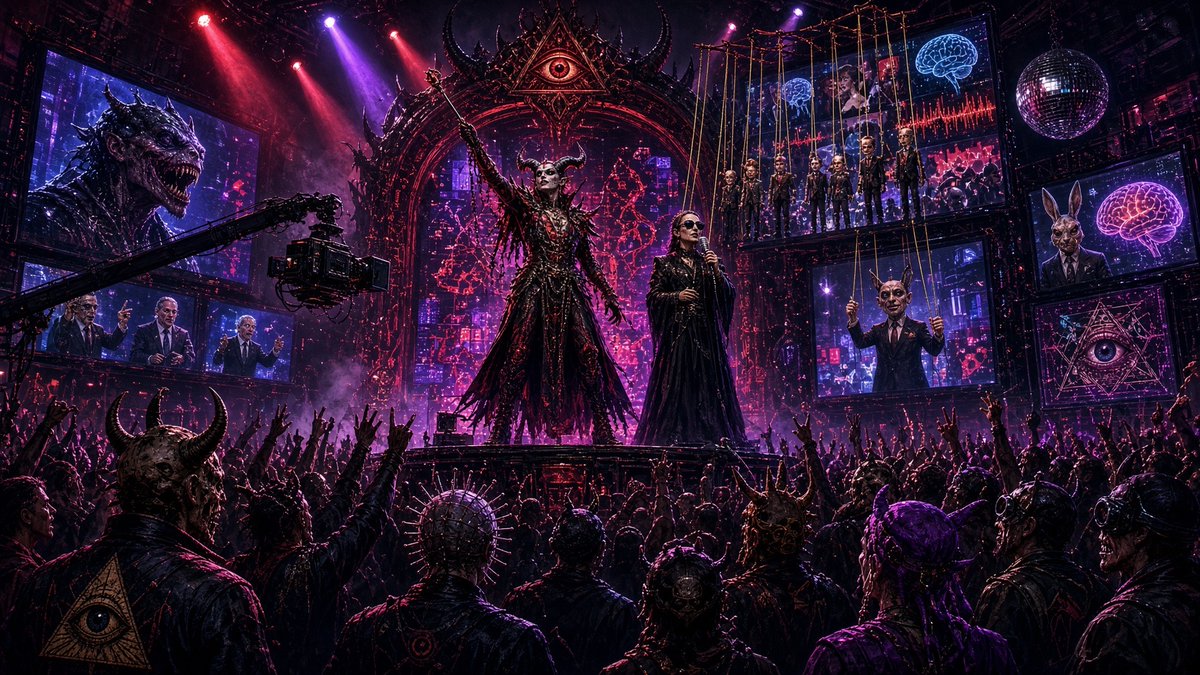 GodRules_HQ's tweet photo. Ever wonder why every Concert is turning into a Political Manifesto?!?

From bizarre “Devil-Core” Fashion Statements to curated Celebrity Narratives, your Entertainment is being weaponized to mold your Worldview!

They aren't just performing for you; they're literally programming you!

Stop consuming, start observing!👇🏻