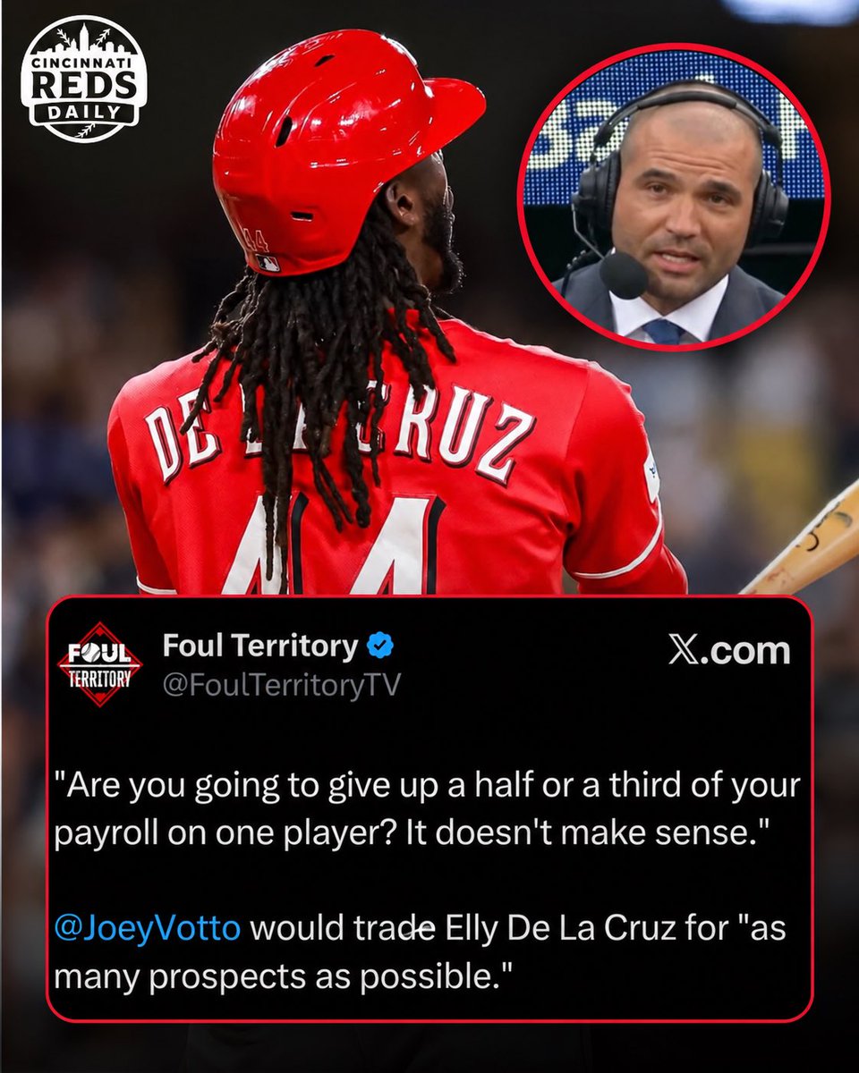 RedsDaily4's tweet photo. Joey Votto would trade Elly De La Cruz for as many prospects as possible rather than commit a significant portion of the Reds’ payroll to one player.

“Are you going to give up a half or a third of your payroll on one player? It doesn’t make sense.”

Do you agree with Votto, or should the Reds do whatever it takes to keep Elly in Cincinnati long term?

🎥 Credit: Foul Territory (@FoulTerritoryTV)