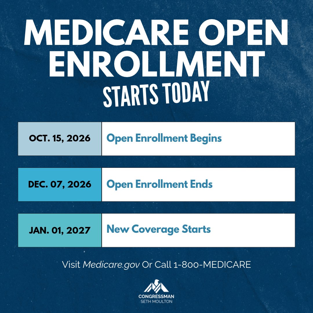 A blue informational graphic announcing Medicare open enrollment, with three date-and-event rows, contact information, and a congressman’s logo. It contains prominent text.