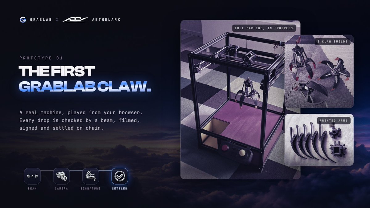 Grablabfun's tweet photo. Prototype 01, running.  

Steer, drop, grab.  
The beam sees it, the camera films it,  
the machine signs it, the prize settles.  

No rigged claw. Just proof.

@Grablabfun  x @aethelark https://t.co/YPZ8P844Lm
