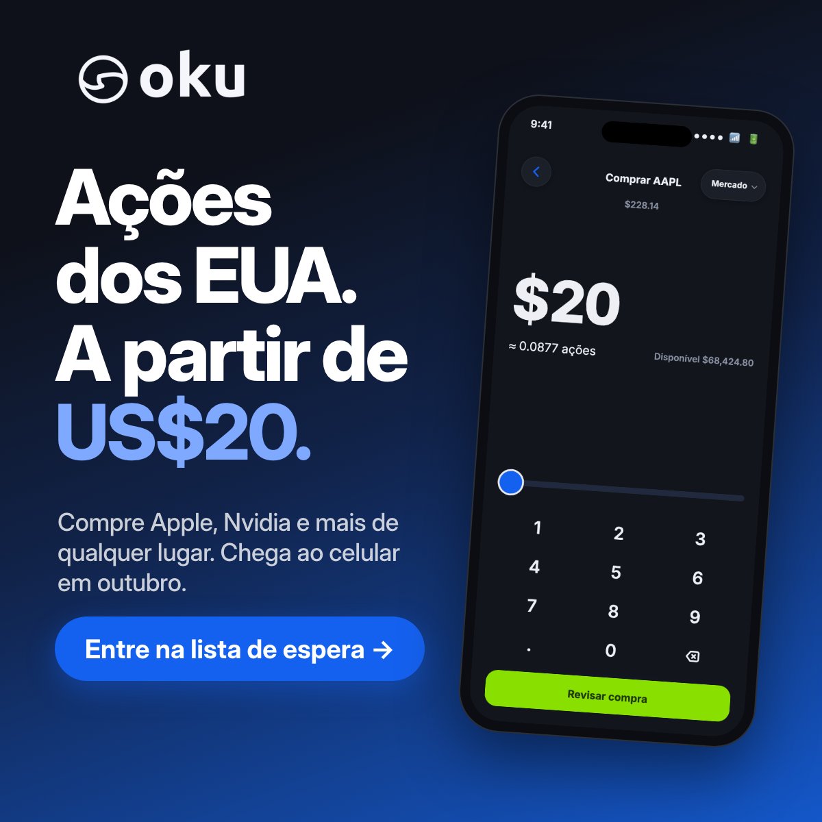 okutrade's tweet photo. Ações dos EUA a partir de US$20. O Oku chega ao celular em outubro. Entre na lista de espera e tenha acesso antecipado.