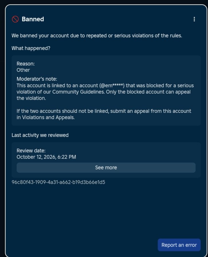 ItzaGuzmnx's tweet photo. I need help. On October 12, my account, "Azti_x," was banned for being linked to an account I don't even know. I've been trying to appeal for the past few days,but every appeal keeps getting rejected, and today they didn't even respond to my appeal (Sorry my bad English) @Roblox https://t.co/ZMzrtkOywf