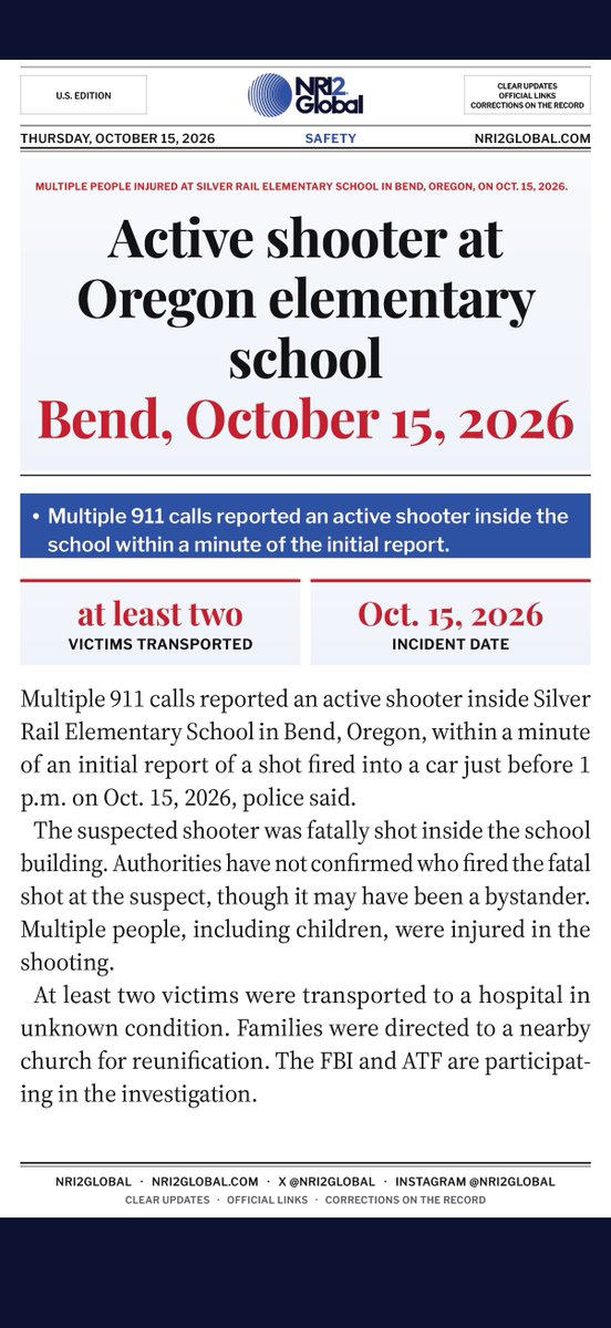 NRI2Global's tweet photo. Active shooter at Silver Rail Elementary in Bend, Oregon

Authorities have not confirmed who fired the fatal shot at the suspect, though it may have been a bystander.

@FBI #Oregon https://t.co/bLuGhr9Pey