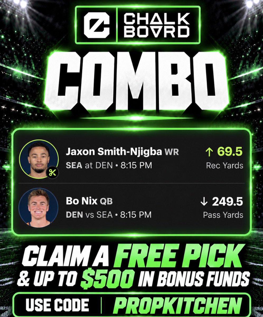 PropKitchen's tweet photo. Chalkboard NFL Combo 🏈 

🍽️ Jaxon Smith-Njigba o69.5 Rec Yards (Discount)
🍽️ Bo Nix u249.5 Pass Yards

Use code PROPKITCHEN for a FREE pick + up to $500 in bonus funds ‼️

Sign Up 👇
https://t.co/JIum9LBZKI https://t.co/F1qfv7RS8x