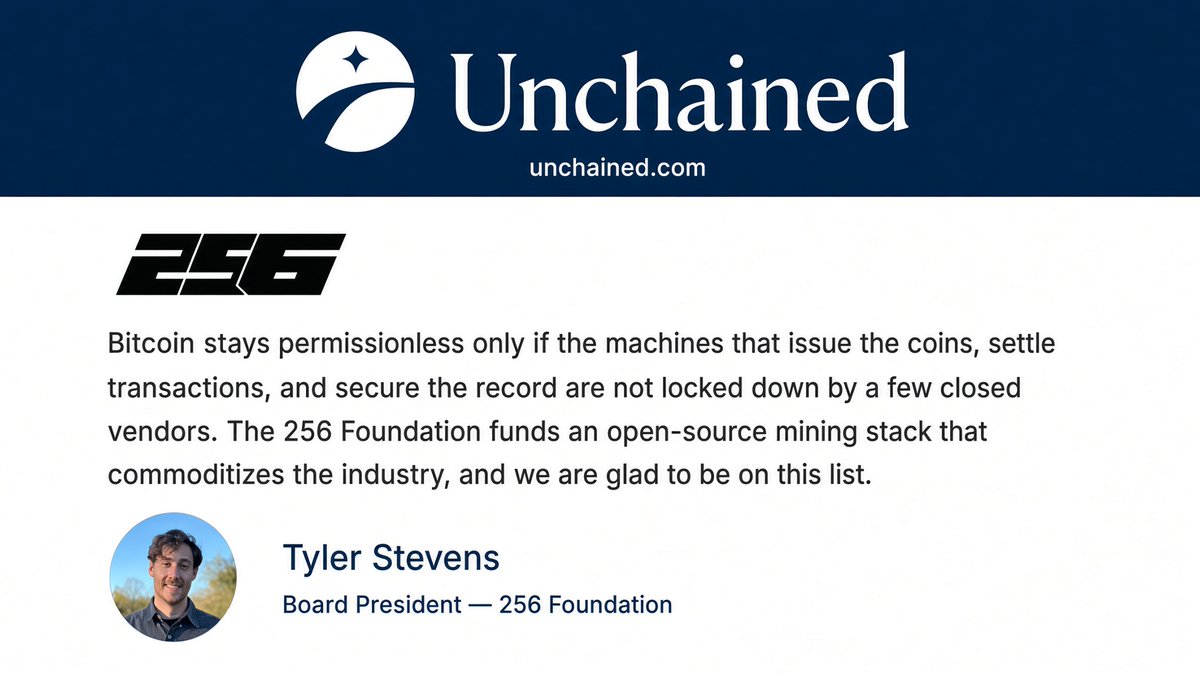 256FOUNDATION's tweet photo. 256 Foundation is honored to be listed on the @unchained Bitcoin DAF.

Bitcoiners can now support open-source mining  through a Bitcoin-native donor-advised fund while receiving tax benefits. https://t.co/PBCe2UfFBO