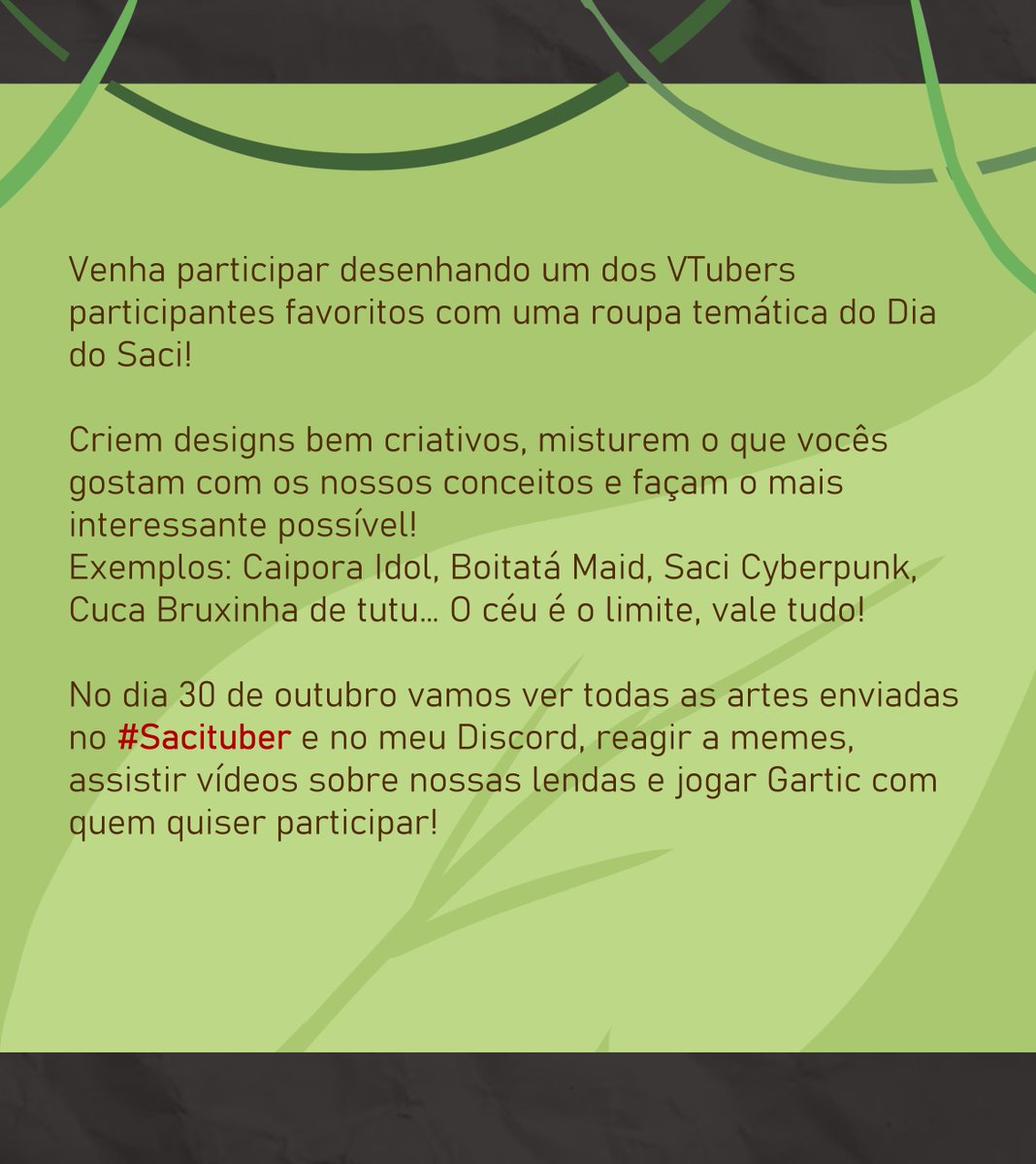 Magnos_art's tweet photo. Finalmente posso anunciar!
No Dia do Saci rola o debut do meu novo modelo! Venham participar e desenhar comigo: vamos explorar nossa cultura e criar VTubers com roupagens das nossas lendas de jeitos bem inusitados! 🌿
Tag de arte #sacituber https://t.co/pSKd7AvFWf