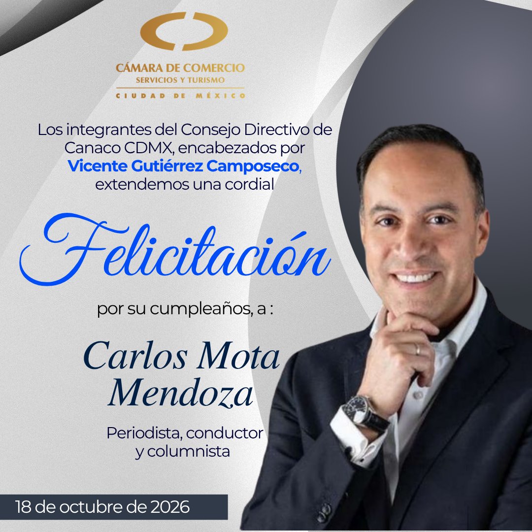 CANACOMexico's tweet photo. Los integrantes del Consejo Directivo de la #CanacoCDMX, encabezados por @V_Camposeco, extendemos una cordial felicitación por su cumpleaños a @SOYCarlosMota, periodista de negocios y economía, en ADN40 y columnista en El Heraldo de México https://t.co/NJvMpD2pM2