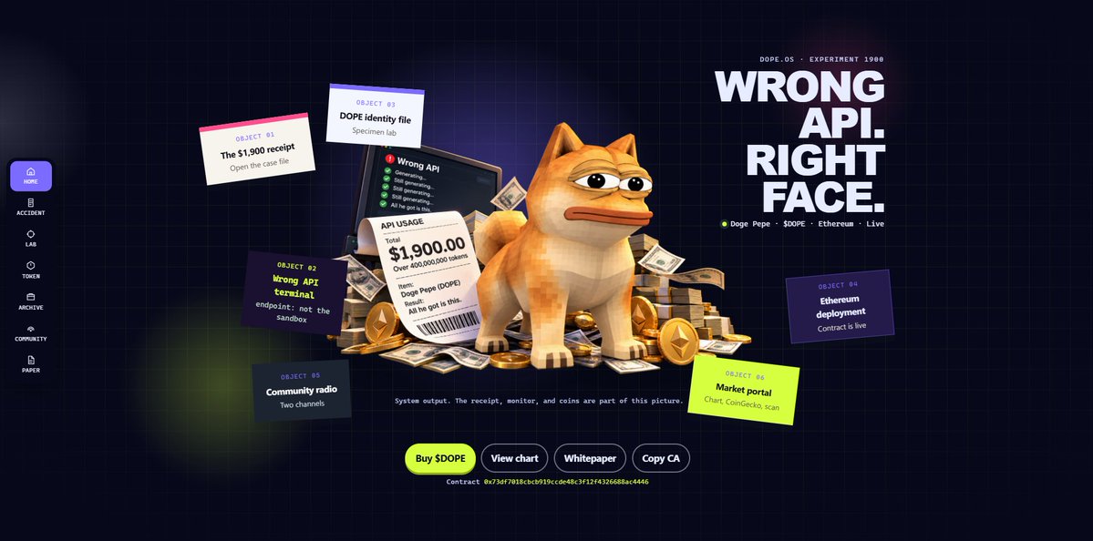 DogePepeETH's tweet photo. 🚨 DOPE.OS V2.0 IS LIVE! 🐕🐸

New design. New interactive world. Same legendary $1,900 face.

Explore the accident, meet DOPE, and discover the story behind ethereum:0x73df7018cbcb919ccde48c3f12f4326688ac4446 .

🌐 https://t.co/peNmKcx1OP

#DOPE #DogePepe #Ethereum https://t.co/YFljt7UmQ8