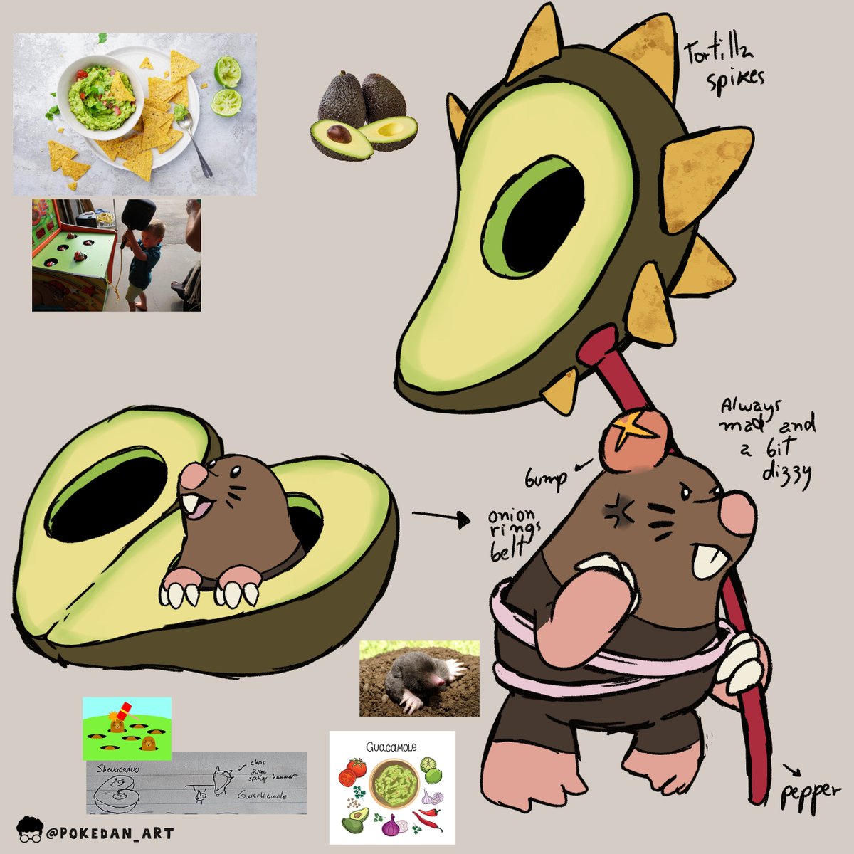 PokeDan_Art's tweet photo. Shevacadoo and Gwackamole 🕳️🥑🔨 #WIP
Be ready to get hit if you try to whack them! Inspired by avocados, guacamole, and the Whac-A-Mole game!

 Creature comm design! ✨

#creaturedesign #gamedev #monster #monsterdesign #art https://t.co/KvijPHgQY8