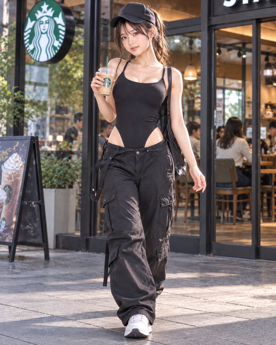Rio_K_official's tweet photo. おはよう〜！☀️💕

今日はちょっぴりクールなストリートコーデ🖤🧢

��タバ片手にお散歩中☕✨

いつもの可愛い系と、今日のカッコいい系…
みんなはどっちのRioが好き？🤭💗

#Rio #AIIdol #AI美女 #AIグラビア #今日のRio https://t.co/9l4E66D1iz