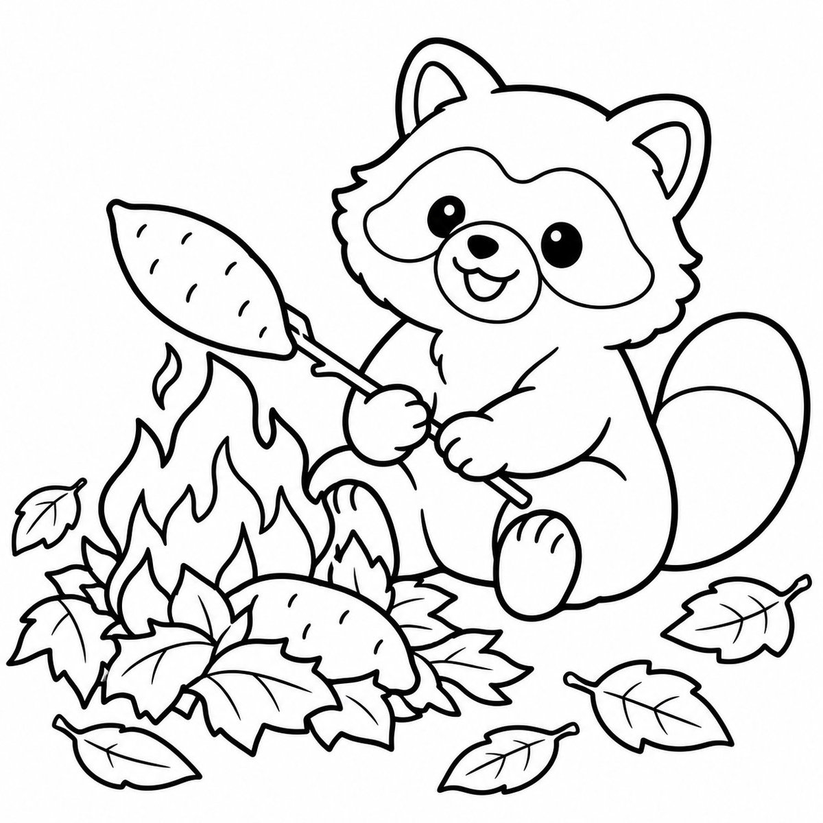 nurie117's tweet photo. 落ち葉の焚き火で、たぬきが焼き芋をしている線画です🍂

対象：大人と子供／難易度：易 https://t.co/QAVyVrLZ3L