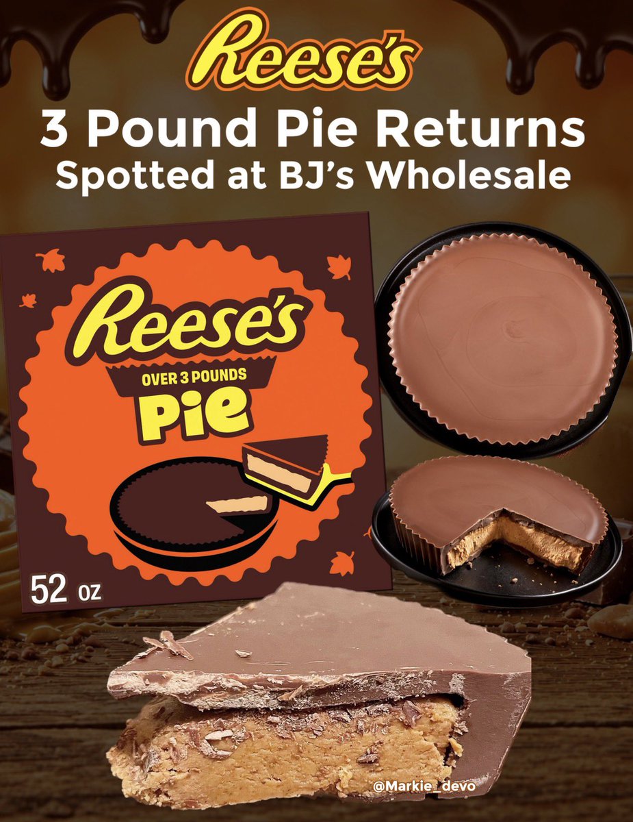 markie_devo's tweet photo. It’s 2021 all over again!😍

Reese’s 3LB pie is back! Previously it was an online exclusive I believe in 2021.

🛒Spotted at BJ’s Wholesale. I’m unsure what other stores will carry it (if any). I’ll update soon!

(News/Image::BJ’s, The archives of Markie Devo’s, Thanks JerseyfoodnFinds for the first in-store find!✊🏻)

Will you pick this up👇🏻
