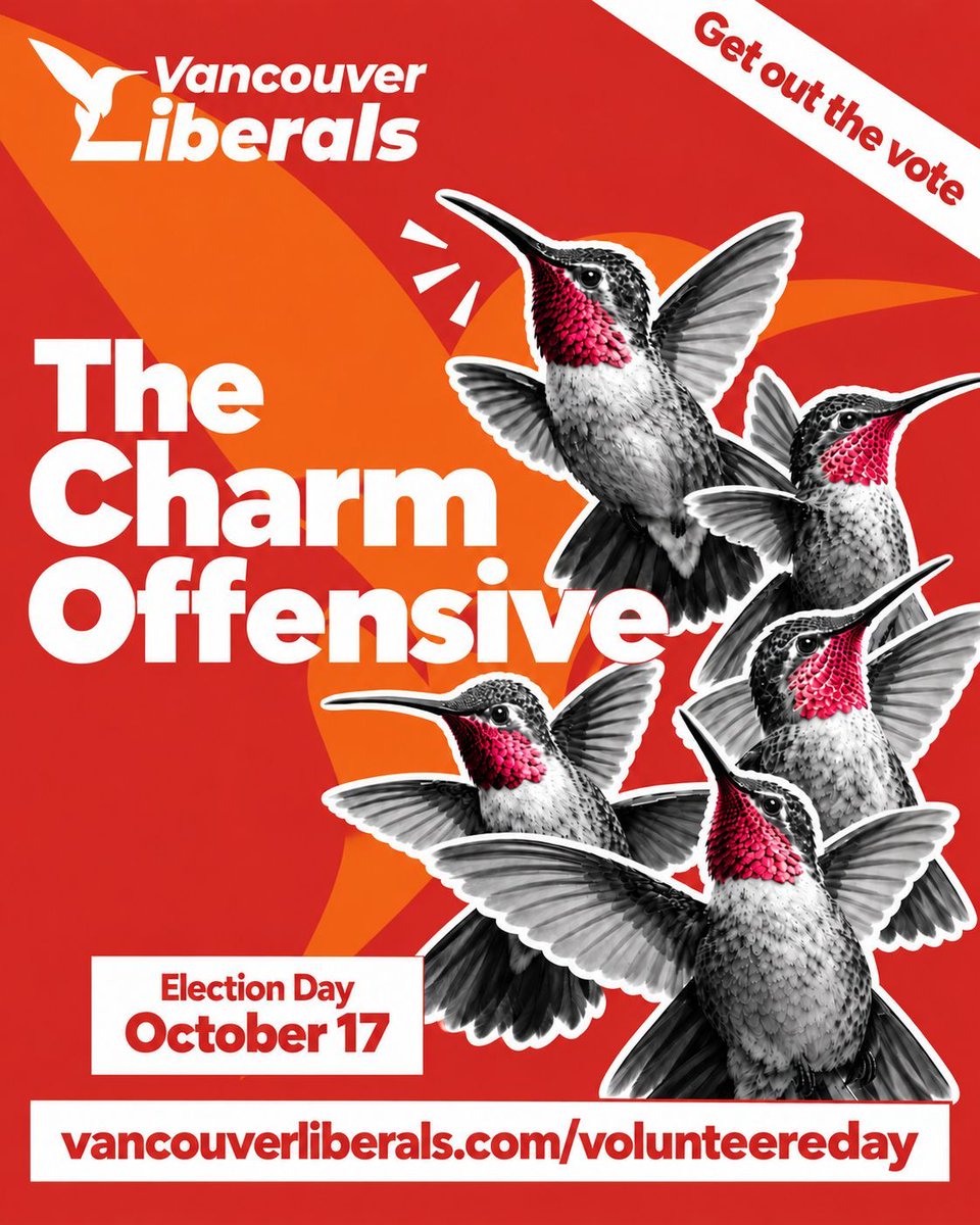 kareemformayor's tweet photo. THE VANCOUVER LIBERAL CHARM OFFENSIVE IS ON!
Did you know that Anna’s hummingbird is Vancouver’s official bird?

It’s also the bird in the Vancouver Liberal logo.

And here’s a fun fact: A group of hummingbirds is called a “charm.”  This Saturday, we will be on charm offensive to get out our vote!
Sign up here: https://t.co/Uhsir8zFT1