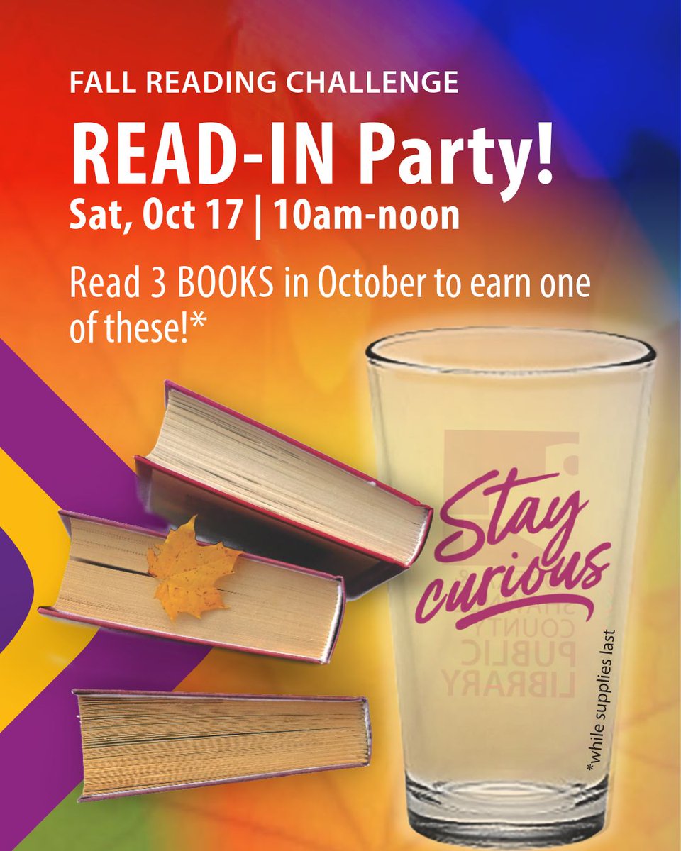 TopekaLibrary's tweet photo. Fall Reading Challenge! Read 3 books in October+log them in Beanstack=pint glass prize. We're holding a Read-In this Sat, Oct 17, 10am-noon in the Learning Center. Bring a book, grab a snack, do some bookish activities and settle in to read. Pick up your prize anytime! https://t.co/vG3SueiLBT