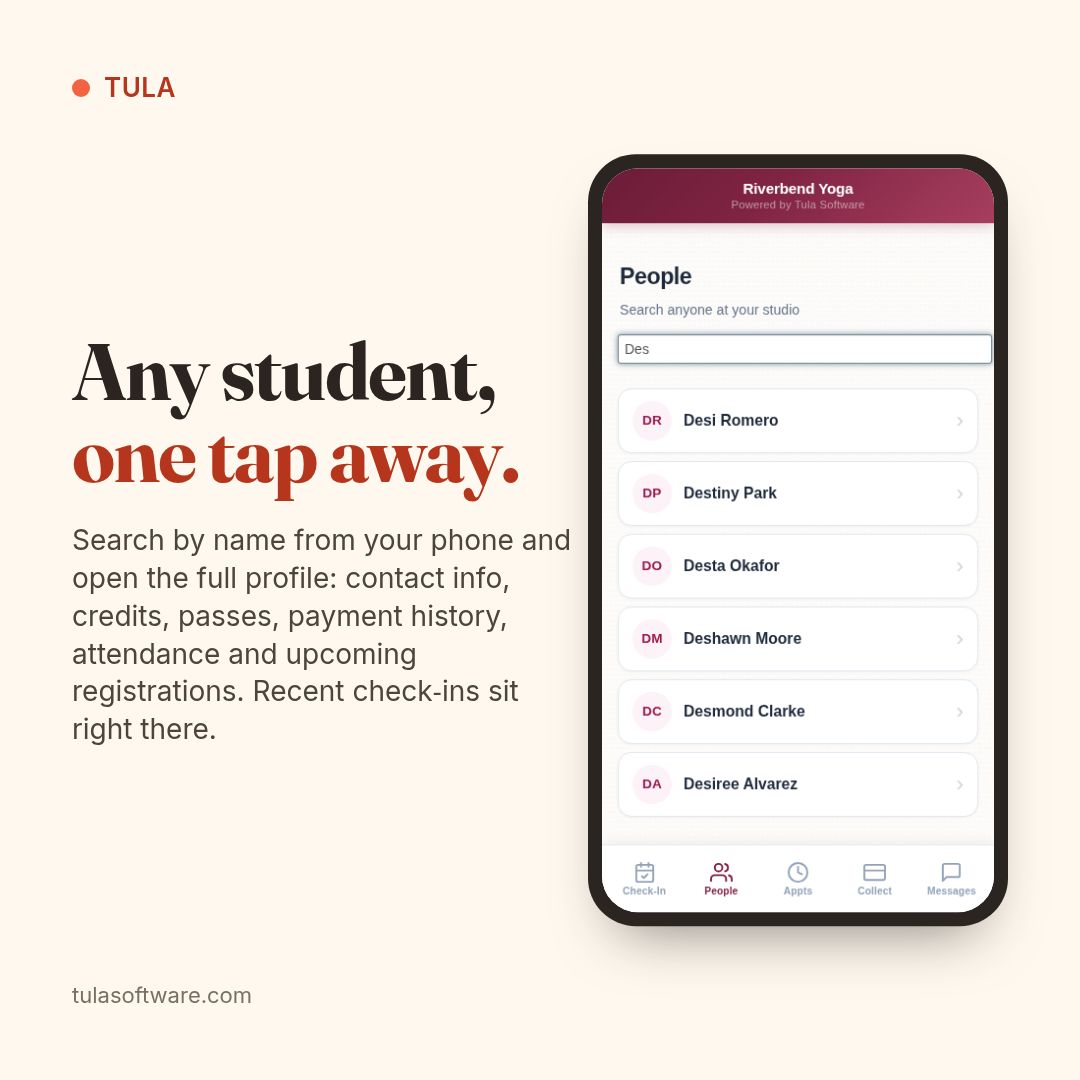 tulasoftware's tweet photo. Any student, one tap away. Search by name from your phone and open the full profile: contact info, credits, passes, payment history, attendance and upcoming registrations. Recent check-ins sit right there. https://t.co/XiKFowzKZB https://t.co/70FSJ2XlGx