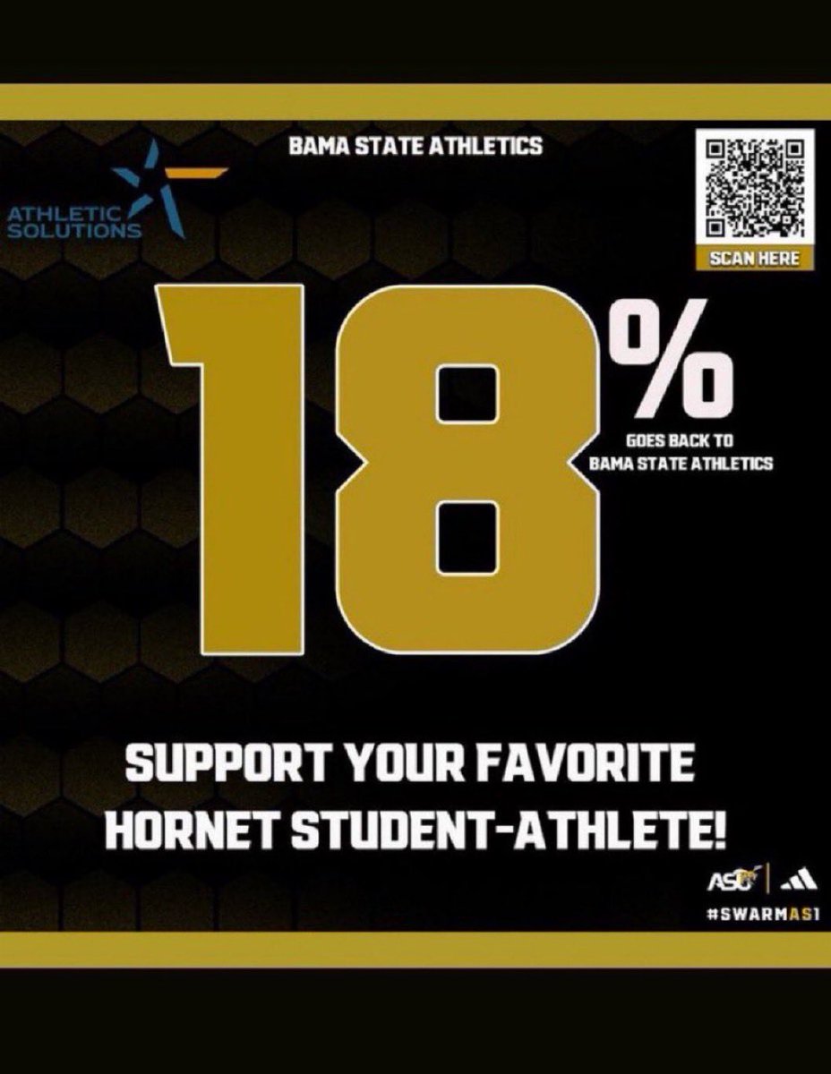 BamaStateSports's tweet photo. 🐝 Hornet Nation — Shop with Purpose. Support with Pride.  Tap the link below to learn more and start shopping today: https://t.co/kHrWsThcdQ The adidas NIL Locker Room, powered by Athletic Solutions, is now LIVE for Bama State!  Shop official adidas sideline & fan gear and directly support our student-athletes through NIL opportunities. Student-athletes receive a portion of the proceeds — including 18% back to them — helping fuel their personal brand growth, revenue opportunities, and future success.  You can even choose to support the student-athlete or sport of your choice.  Shop the gear. Strengthen Hornet Nation.  Tap the link below to learn more and start shopping today: https://t.co/kHrWsThcdQ #SWARMAS1 #BamaState #HornetNation #adidasNIL #SWAC