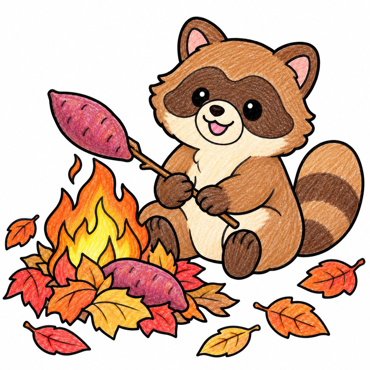 nurie117's tweet photo. 落ち葉の焚き火で、たぬきが焼き芋をしている線画です🍂

対象：大人と子供／難易度：易 https://t.co/QAVyVrLZ3L