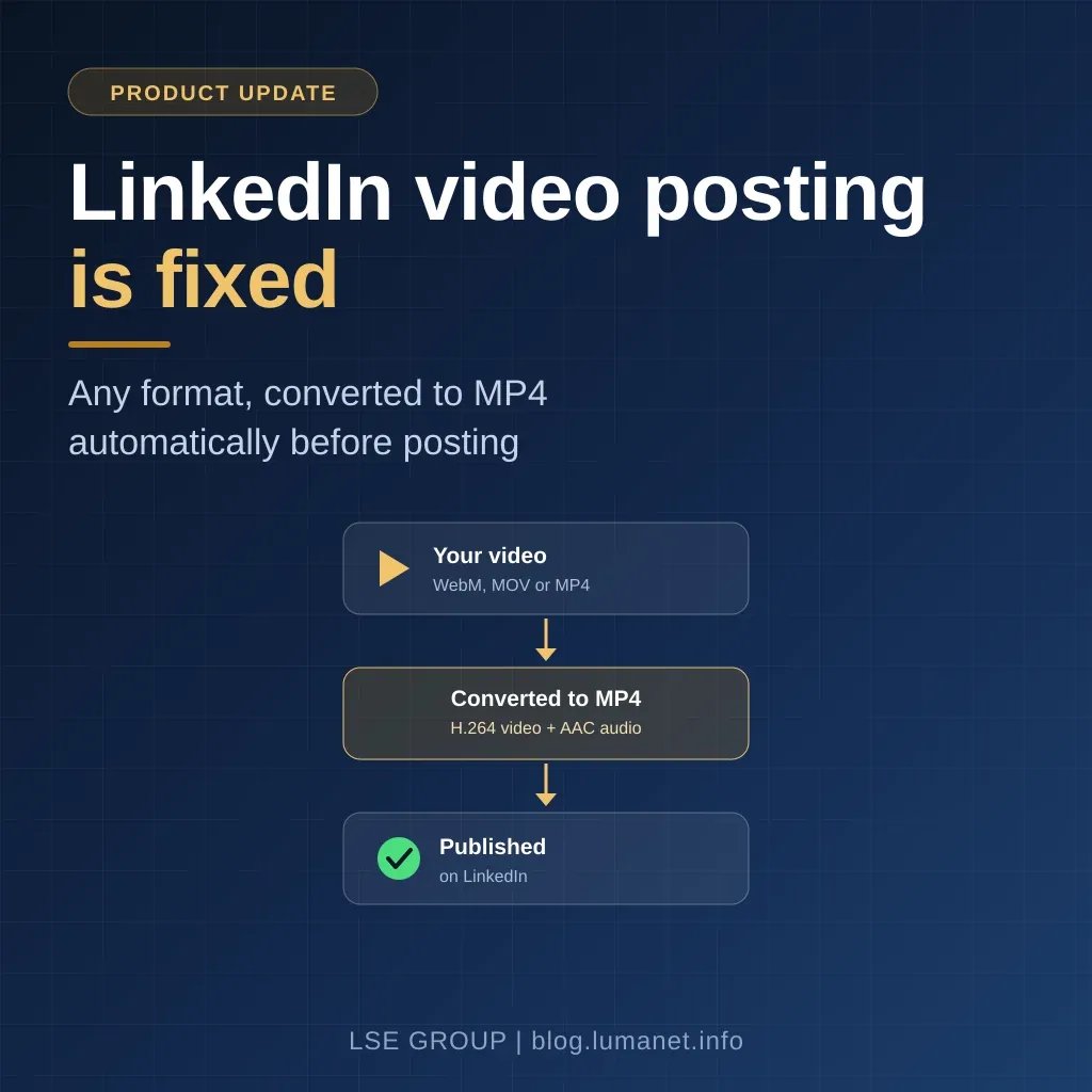 LSE_LLC's tweet photo. LinkedIn video posts failed with "not found" errors on non-MP4 files. Now every upload converts automatically to MP4 before posting, so videos succeed on profiles and pages whether scheduled or direct. 

#LinkedInVideo #ContentScheduling #OmniChannelMarketing https://t.co/bzuLBHsHHB