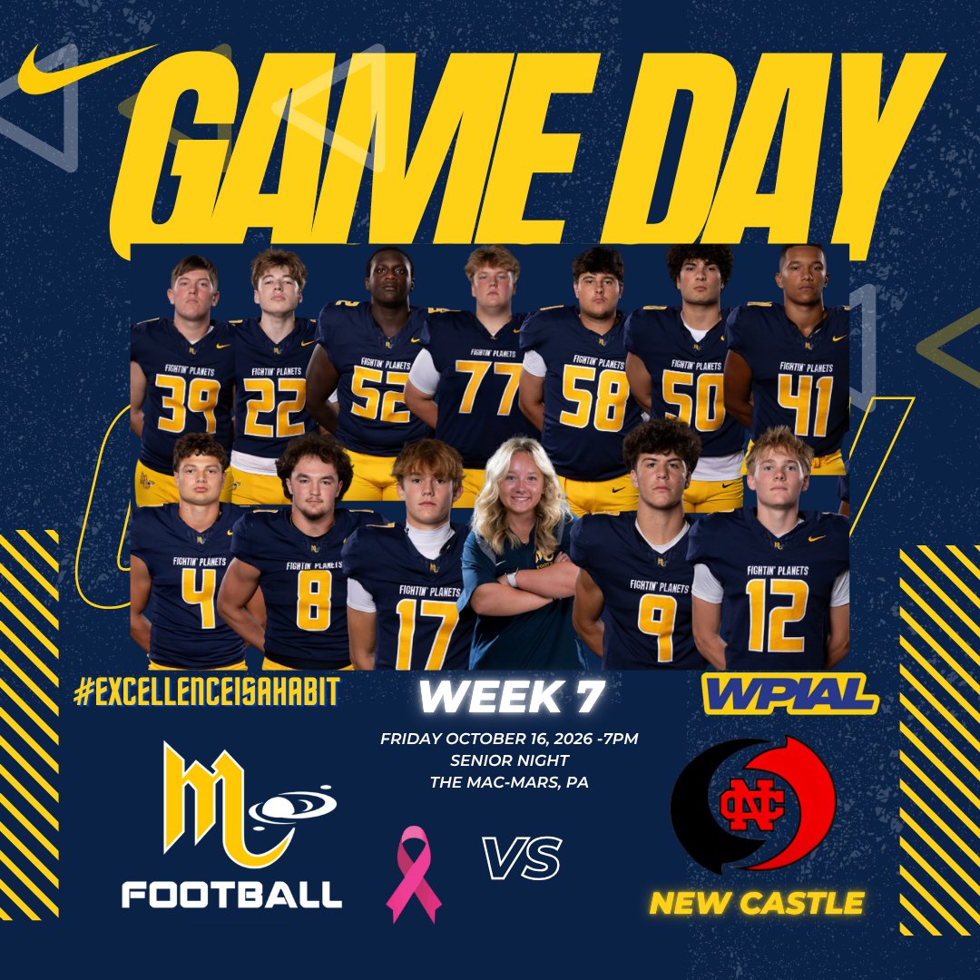 MarsHSFootball's tweet photo. Gameday!!!  Week 7
 New Castle🆚👽Mars   
Senior Night🎓
WPIAL  4A Conference Game  at The MAC: 7pm  Weather    🌧️ 54
🎟️https://t.co/ycbJclPkQd
📺https://t.co/bAXHif78y6

#ExcellenceIsAHabit 👽🏈💪 
@MarsAreaSD @MASDFP https://t.co/kO01qqRZ9Z
