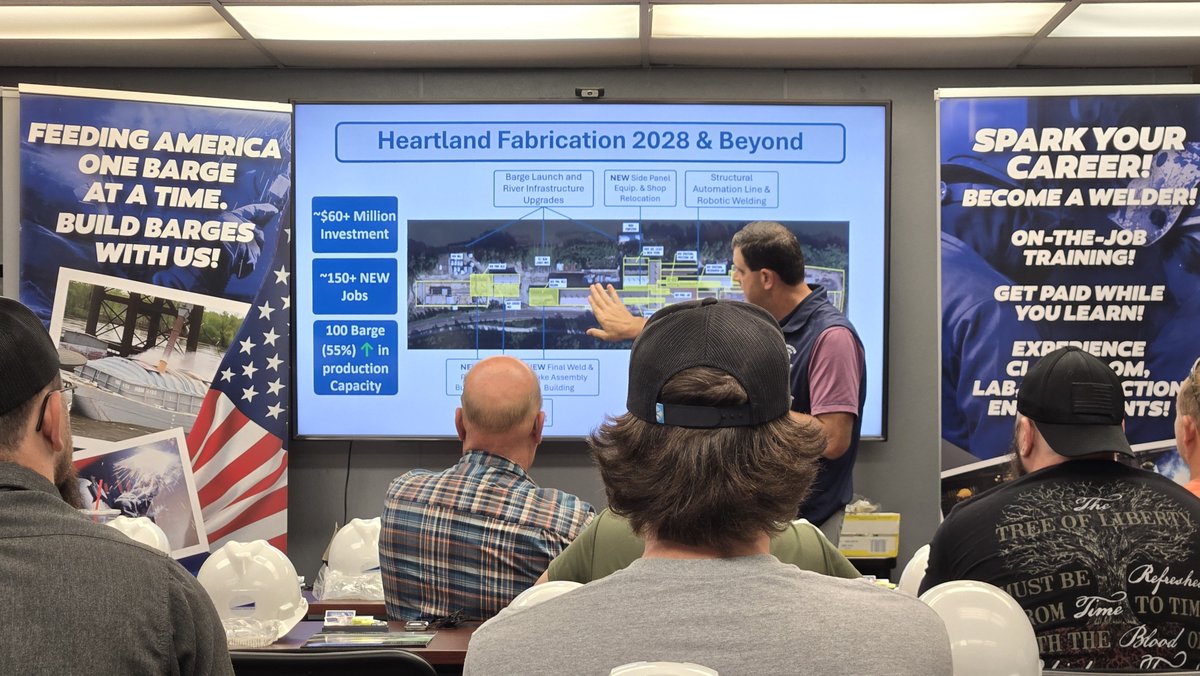 BrandonPrentice's tweet photo. Attending another Educational Partnership meeting with Heartland Fabrication. Seeing their new expansion projects &amp; workforce development needs from local schools in order to weld &amp; construct river barges.
#welding #manufacturing #robotics @TRINITY_MLUCAS @dr_zebrasky https://t.co/7FlXxRl56P
