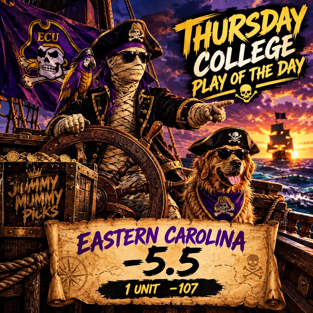 JummyMummyPicks's tweet photo. 🏴‍☠️💰 JUMMY MUMMY THURSDAY COLLEGE PLAY OF THE DAY 💰🏴‍☠️

☠️ The Mummy is setting sail for Thursday’s college football action! We’re hunting treasure and looking to cash in with today’s featured play. 🏈🔥

🟣 EASTERN CAROLINA -5.5 🟡

💰 Odds: -107
🎯 Wager: 1 UNIT https://t.co/Q9wcuFprOQ
