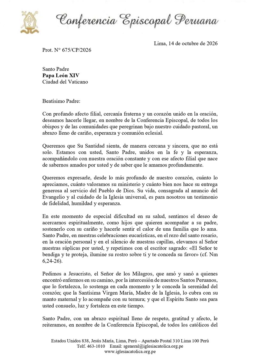 conf_episcopal's tweet photo. Los obispos miembros del Consejo Permanente de la CEP, expresan su cercanía, afecto y solidaridad con el Santo Padre, elevando sus oraciones por su salud y pidiendo al Señor que lo fortalezca y acompañe en este momento de especial dificultad.

https://t.co/9p1NNY5me3 https://t.co/I6ECM3xiP5