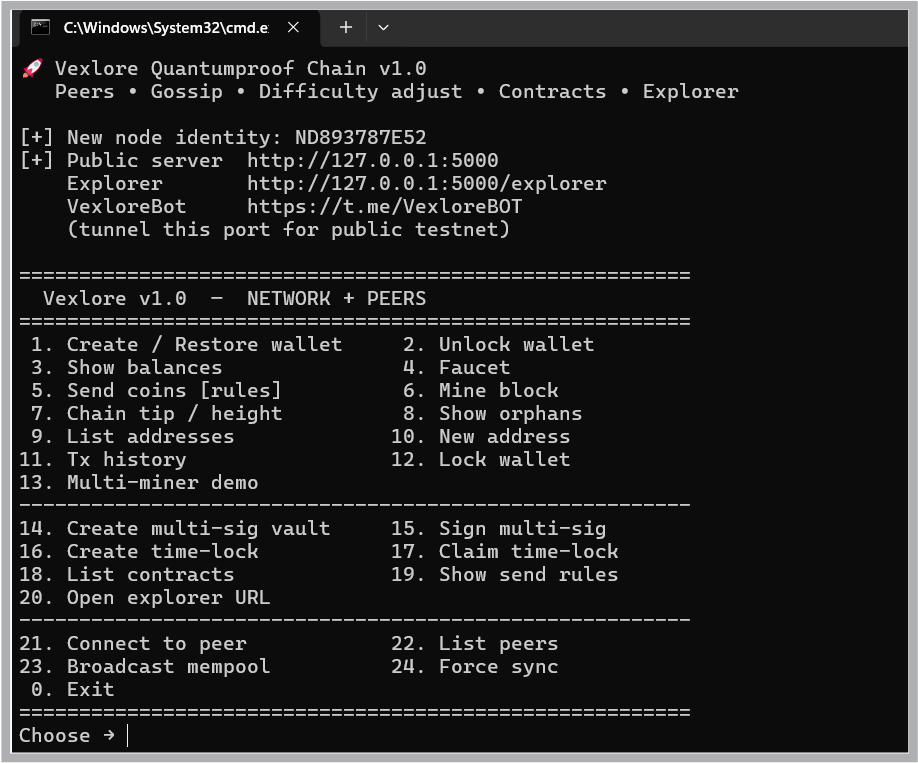 Vexlorebot's tweet photo. Brick by Brick Vexlore just leveled up. 🫡

We ran a public testnet.
It stayed up.
People actually used it.
Zero downtime. Real traffic. Real blocks.

That was v0.9.

Today we ship v1.0 — NETWORK + PEERS

• Real multi-node gossip
• Block & tx propagation
• Node identity (PQ keypair)
• Difficulty adjustment
• Force sync + peer discovery
• Same multi-sig + time-locks that already worked in public

From single-node educational chain → actual testnet you can run on multiple machines and watch the network move.

Roadmap from here is clean:
→ stronger networking
→ more contract primitives
→ public explorer upgrades
→ website (coming very soon)

We don’t do vaporware.
We run the chain, break it, fix it, then ship the next version.

Testnet was successful.
v1.0 is live in code.

Quantum-proof. Peer-connected. Still building in public.

#Vexlore #QuantumProof #Testnet #BuildInPublic 

Dw8i5w3XCQqoUaYEphEaU5dzRw2mHyKpDqWmMPoJpump solana:Dw8i5w3XCQqoUaYEphEaU5dzRw2mHyKpDqWmMPoJpump