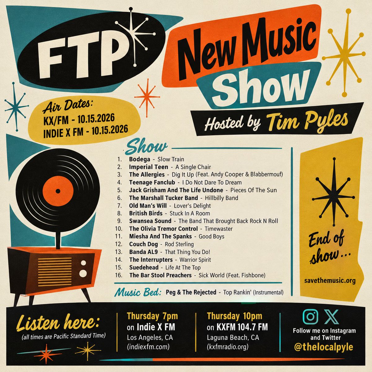 thelocalpyle's tweet photo. Thursday 7p @indiexfm &amp; 10p @kxfmradio

@BodegaBk
@Imperial_Teen
@TheAllergiesUK
@TeenageFanclub
@jackloydGrisham
@MarshallTucker
Old Man's Will
@itsbritishbirds
@SoundSwansea
@OliviaTremorCtr
Meisha &amp; The Spanks
Couch Dog 
@BandaAL9
@Interruptweets
@SuedeheadBand
@BarPreachers https://t.co/UWrE2rdVDO