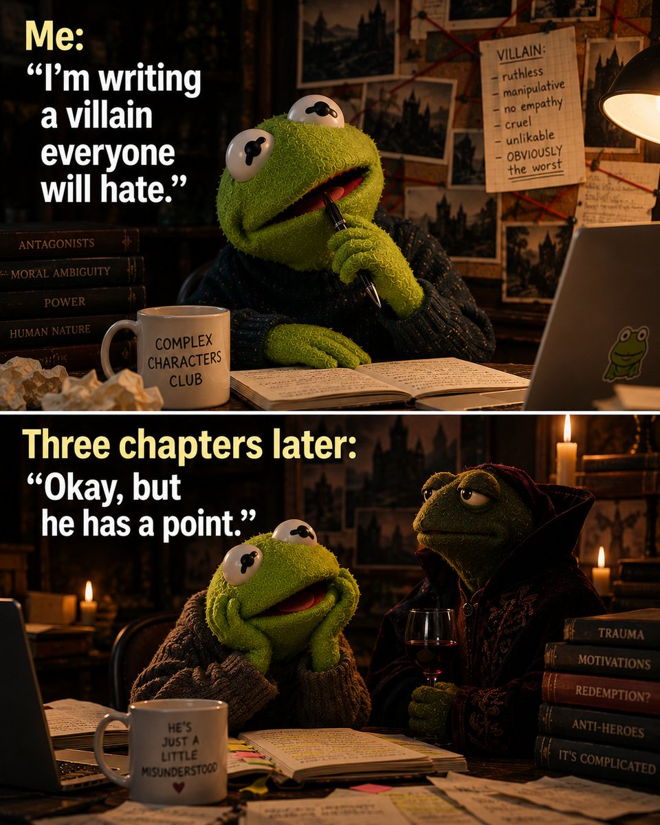 BeHappyToolbox's tweet photo. When Your Villain Starts Making Sense

#WritingMemes #WriterHumor #WriterLife #WriterProblems #WritingCommunity #WritersOfInstagram #AuthorLife #CreativeWriting #NovelWriting #FictionWriting #CharacterDevelopment #VillainArc #MorallyGreyCharacters #ComplexCharacters #WritingCharacters #PlotTwist #WriterBrain #BookTok #Bookstagram #FantasyWriting #Storytelling #AuthorMemes #WritingProcess #AmWriting #VillainEra