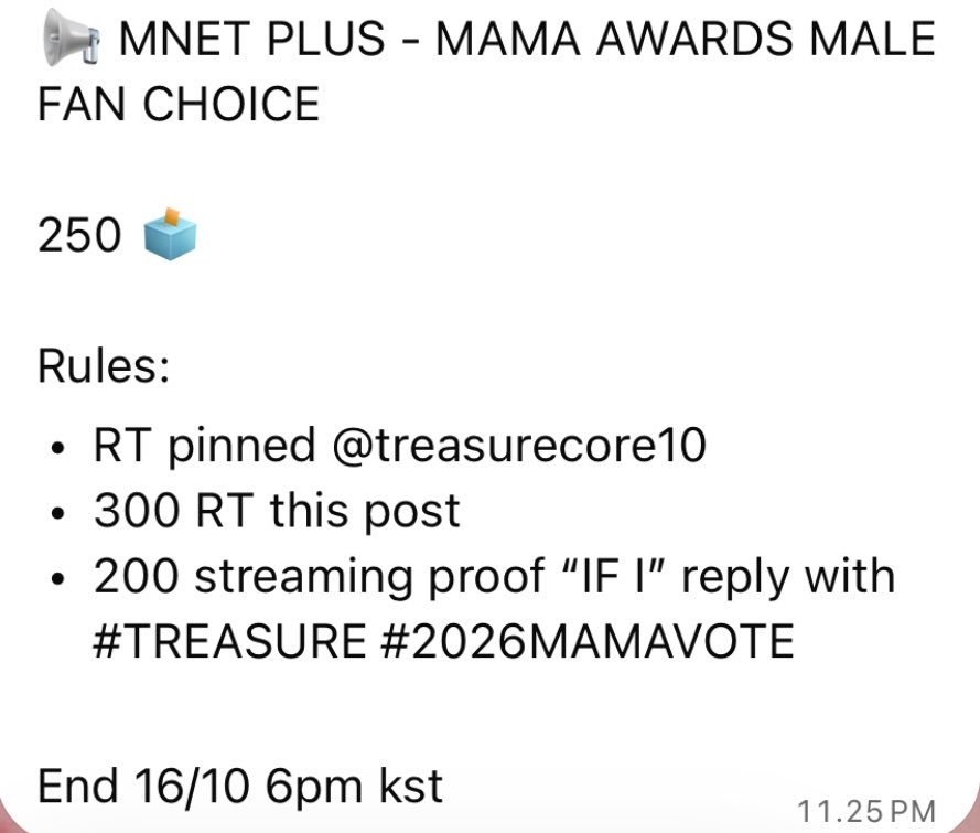 dunlicates's tweet photo. 📢 FAST DEAL - MAMA AWARDS MALE FAN CHOICE‼️

teume🇮🇩 will drop 250🗳️

Rules:
- RT pinned @treasurecore10 
- 500 RT this post
- ⁠250 streaming proof “IF I” reply with #TREASURE #2026MAMAVOTE 

End 16/10 6pm kst https://t.co/pmo9VHcA7x