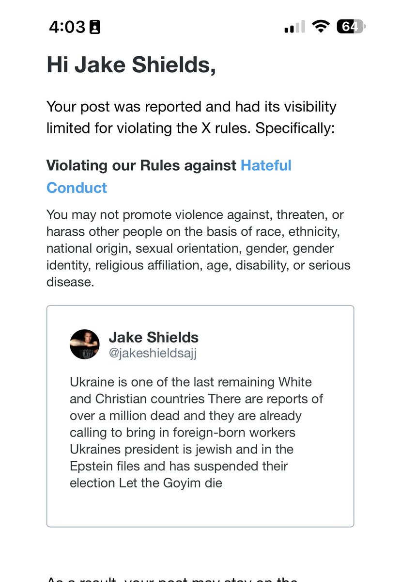 jakeshieldsajj's tweet photo. How is this tweet hateful?

I'm simply pointing out that the jewish president of Ukraine is forcing White men to kill each other and flooding Ukraine with foreign-born workers 

Being opposed to killing White men is now hate speech 

@elonmusk @Support @grok https://t.co/1sJX3E1mGU
