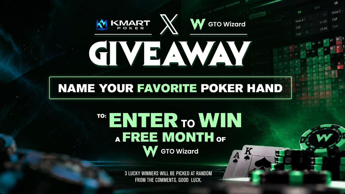 KmartPoker's tweet photo. Juicy giveaway for my partnership with @GTOWizard 

You can try the best study tool ever created for FREE. 

Drop your favorite hand in the comments will pick 3 winners! https://t.co/FURPEVJMfK