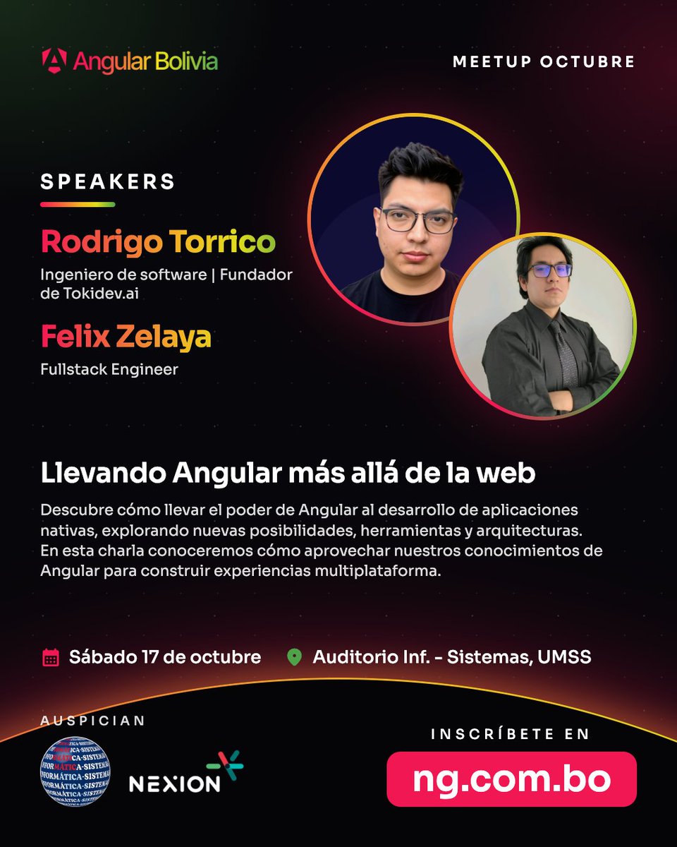angularBolivia's tweet photo. 🎤 Speakers del Meetup Octubre: Rodrigo Torrico (https://t.co/7VspKkHv4M) y Felix Zelaya (Fullstack Engineer) 

📱 Llevando Angular más allá de la web
📅 Sáb 17/10, 9:15 AM
📍 UMSS, Cochabamba

👉 https://t.co/nkk2SQNX6Y

#AngularBolivia #Angular #Cochabamba https://t.co/KInLd7RZoa