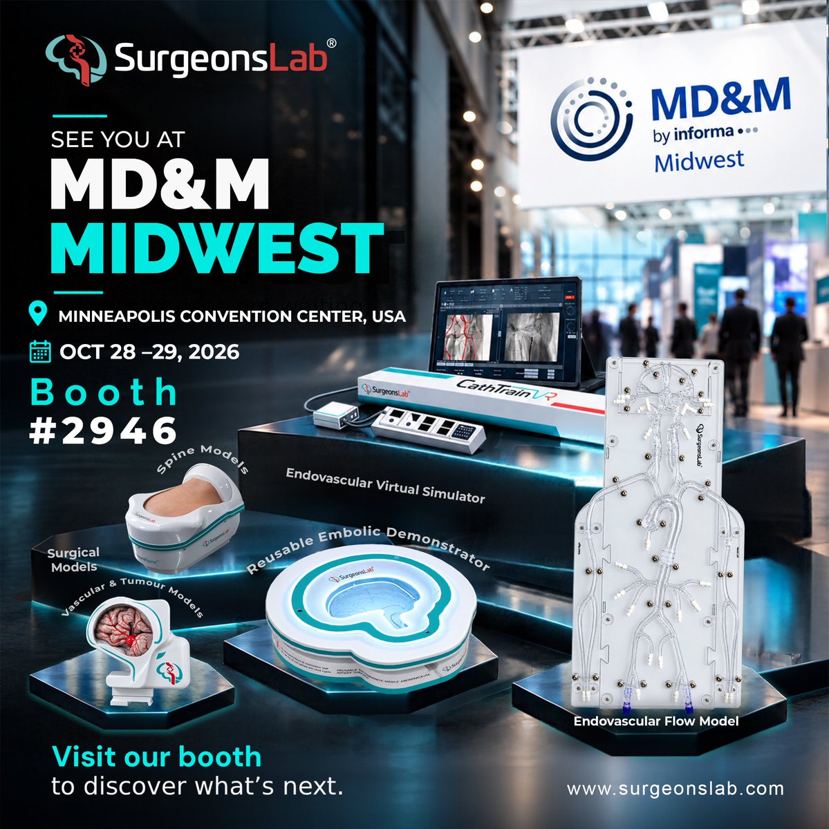 SurgeonsLab's tweet photo. Heading to MD&M Midwest in Minneapolis? Come find us at Booth #2946.

If you're developing a device for spine, Vascular, peripheral or oncology procedures, you already know how far a benchtop fixture is from a real patient. That gap is exactly where we work.

At SurgeonsLab, we build simulation models that look, feel and behave like real anatomy. That means tissue with realistic feel, vessels with physiological flow, and anatomy that responds the way your device will meet it in the clinic.

Device teams work with us across the whole product lifecycle:

• R&D and early design iteration
• Bench testing and design verification
• Human factors and usability studies
• Physician training and procedural education
• Sales enablement and live demos that actually show your device in action

Whether you're working on a Class I instrument or a Class III implant, we can build around your device, your procedure and your target anatomy, including patient-specific models from imaging data.

At the booth you'll get hands-on time with:
Surgical Spine Model
Vascular & Tumor Model
Reusable Embolic Demonstrator (RED)
CathTrain VR endovascular simulator
Endovascular flow models with Circle of Willis aneurysms

What we'd most like to hear about is the procedure you're struggling to test, teach or demo. Bring it to us and let's talk about building it.

Flying in from the East Coast or elsewhere? Send me a message and we'll set a time to meet so you're not hunting for us on the show floor.

Booth #2946, Minneapolis Convention Center
October 28–29, 2026

#MDMMidwest #MedTech #MedicalDevices #MedicalSimulation #DeviceDevelopment #InterventionalRadiology #Endovascular #Neurovascular #SpineSurgery #HumanFactors #MedicalAlley #SurgeonsLab