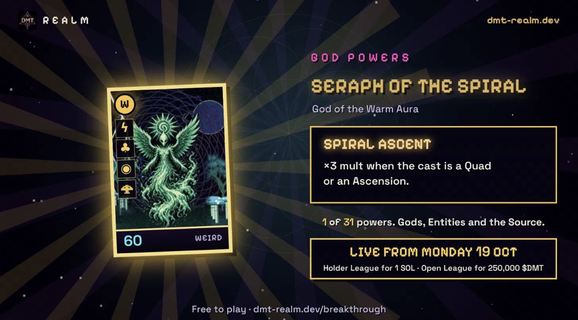 DMT_REALM's tweet photo. GOD POWERS: SERAPH OF THE SPIRAL

Spiral Ascent: x3 mult when the cast is a Quad or an Ascension.

Stack one Aura deep and the Seraph takes you higher.

One of 31 powers coming to BREAKTHROUGH on Monday 19 Oct, with the new season:
Holder League (500k+ $DMT): 1 SOL
Open League (free for all): 250,000 $DMT

https://t.co/Nd3CVnrDar