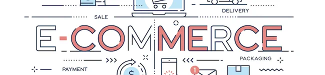 Illustration of the word "e-commerce" with digital concepts
