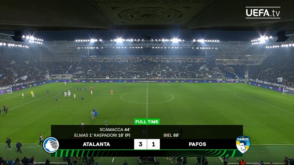 FCOneFootball's tweet photo. ๐ FULLTIME
๐ฎ๐น Atalanta 3-1 Pafos ๐จ๐พ
โช๏ธ Early strikes from Elmas and Raspadori guided Atalanta to a comfortable home victory over Pafos.
#UECL #ATAPAF https://t.co/kjNLkwbAG6
