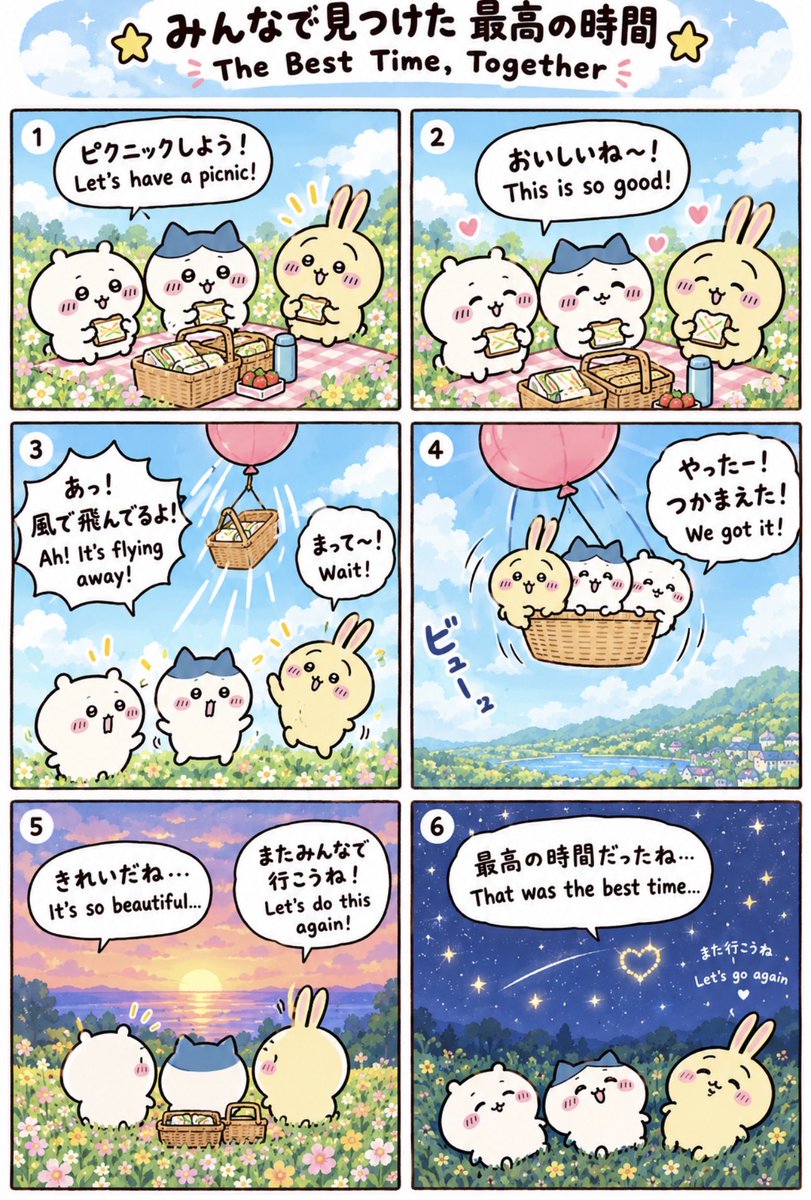 xEagleSky's tweet photo. ちいかわ、ハチワレ、うさぎの仲良しピクニック🌸🐰

風船でカゴが飛んじゃった！？😂🎈 3人の力を合わせて、最高の思い出にしよう！💖

#ちいかわ #ハチワレ #うさぎ #ちいかわファンアート #アニメ #ちいかわイラスト https://t.co/jYNZYrut3O