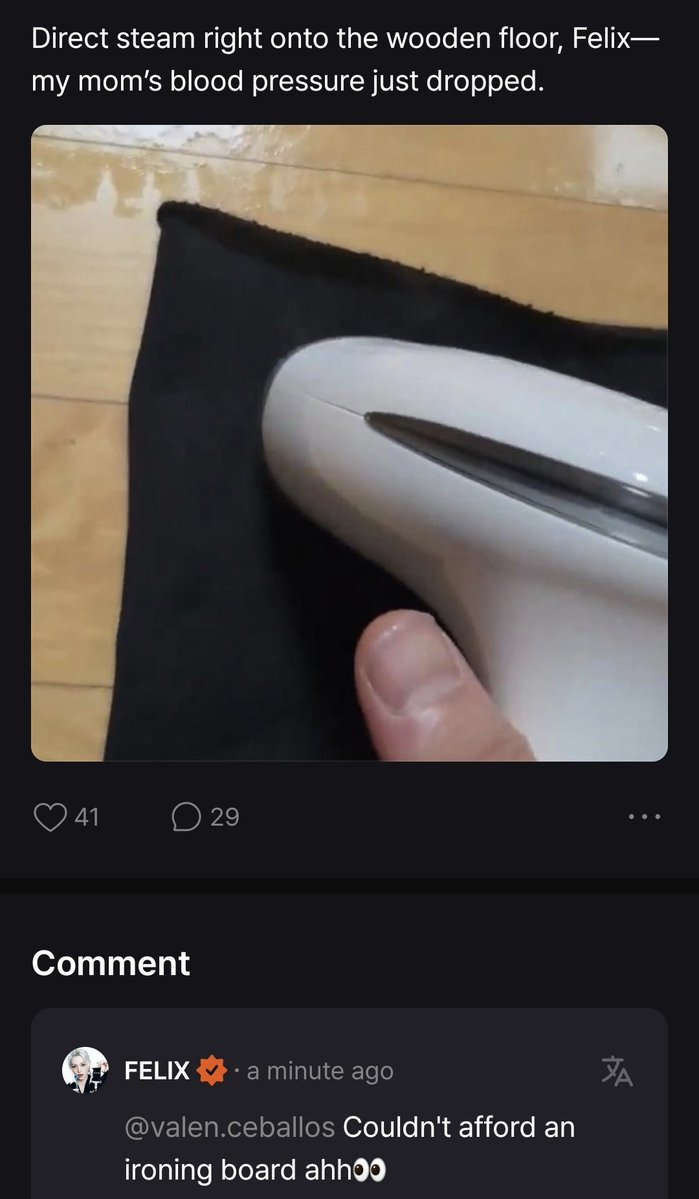 bbokseungah's tweet photo. felix..? 😭

🤍 Direct steam right onto the wooden floor, Felix— my mom's blood pressure just dropped.

🐥 Couldn't afford an ironing board ahh👀 https://t.co/dnYz0KiEaI