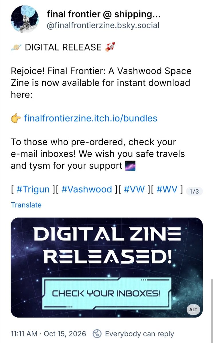 NerdBirdMR's tweet photo. #Vashwood fans the main zine for Final Frontier is now out digitally!! Shipping will commence soon, and once we have the side 🌶🔥 zine printed, orders containing both will then ship too!! 🙏🚀 https://t.co/agwto2aWqn