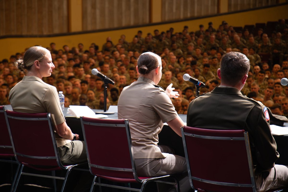 VTCorpsofCadets's tweet photo. We are sending our thanks to alumni Maj. Cody Rush ’11 (U.S. Army Reserve),  
Capt. Nikkole Crosson ’18 (U.S. Army), 
1st Lt. Morgan Anderson ’22 (U.S. Marine Corps) for sharing their time,  and wisdom with cadets today during our Leaders in Contact panel. https://t.co/YcpxjPuU78