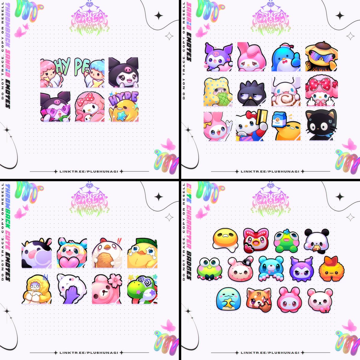 Plushunagi's tweet photo. ✨🌈 PLUSHU VAULT P2U EMOTES AND BADGES UPDATE. >> KOFI 
With the support and backing of my community I’ve listed a ton of emotes and badges up on my Ko-Fi to help myself slowly crawl out of debt I’m downing in. 

I hope these all get some love new or old. Sharing is very 🩷 https://t.co/mxrtiXThW6