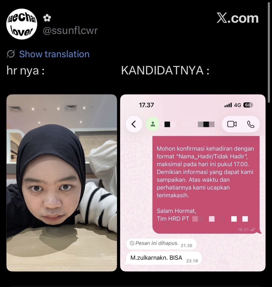 jn_lee27's tweet photo. Dear mbak bunga hr ter arogan
Semoga tweetmu di liat perusahaan mu ya mbaak

Setau saya mah ya di daerah cikarang si yaaa… 
Chat panggilan kerja itu masuk dalam rahasia perusahaan yg gaboleh di sebar
Bahkan nama kandidat juga rahasia perusahaan yg harus di jaga https://t.co/QukuasY2Nb