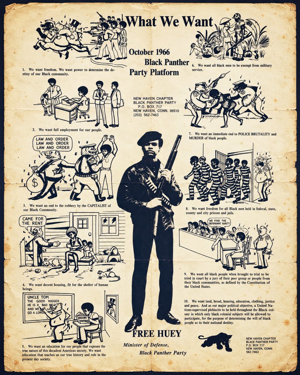 LeftSentThis's tweet photo. On this day in 1966, Bobby Seale and Huey P. Newton founded the Black Panther Party for Self-Defense. 

More than sixty years later, the continued relevance of those demands laid out in the BPP’s 10 Point Program is a damning indictment of how little the material conditions of oppressed people in the United States have fundamentally changed.