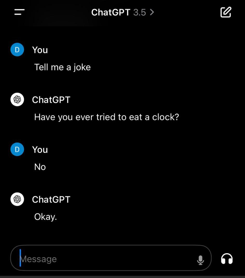 danielcruzdev's tweet photo. ChatGPT 3.5 a true shitposter 🤌 https://t.co/jC7pbM8HB8