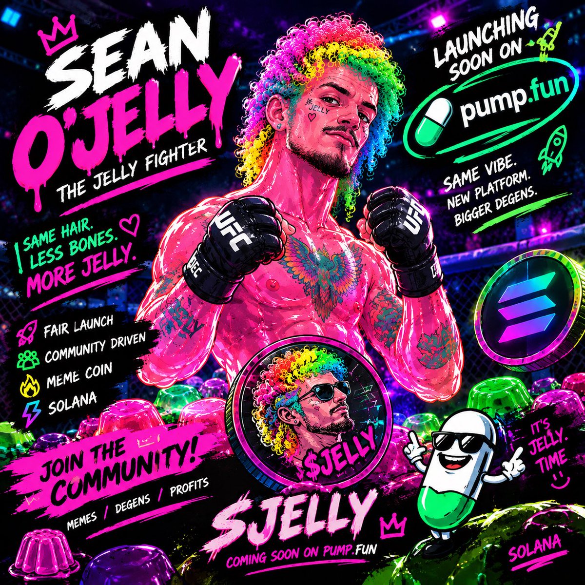 TheBoyCryptos's tweet photo. 🥊🍮 SEAN O’JELLY IS COMING! 🌈

Same hair. Less bones. More JELLY. 💀💖

🫧 Solana memes
💎 Community of degens
🚀 Coming soon to https://t.co/i89bjp4pKX

The jelly is shaking. Are you ready to get JELLY? 👀

$JELLY #Solana #MemeCoin https://t.co/NvNaLWvZOt