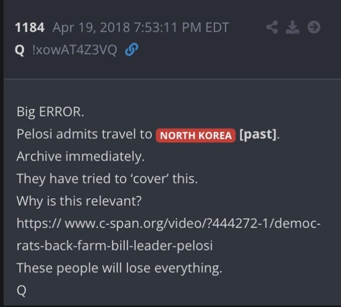 JoeLange's tweet photo. SNAP was ALWAYS a money laundering “scheme” to steal taxpayers money for democrats.

The amount of FRAUD in the SNAP program multiplied massively under Obama.

But did you know that Nancy Pelosi had traveled to North Korea “secretly?”

And what does her “secret” trip to North Korea have to do with “fraudulent” SNAP benefits?

Pelosi herself, in an interview, admitted that she had traveled to North Korea.
Nobody was supposed to ever know that. As Q said, “Big ERROR.”
Why is this relevant?
The interview that Pelosi gave was in April 2018, right before these Q posts. She was coming out publicly against the Republican farm bill in Congress because they were cutting billions from the SNAP program.
Why was the SNAP program so important to Pelosi? Guess what happened to the SNAP program under Obama?

According to Forbes:

“And the average monthly benefit for 2016 was a mere $125.40 per person, according to government statistics. (See Table 1 in this report.) There are also restrictions on what monetary assets are owned.
However, it isn’t the size of the individual benefits (which are without a doubt small) that is notable. It is the growth in the benefit fraud.
How much did fraud grow? 
It jumped to $592.7 million in 2016, up a staggering 61% from $367.1 million in 2012, according to data from the U.S. Department of Agriculture. (See Table 46 in the report.) The monetary figures are “Fraud Dollars Determined By Investigations.” 
In other words, these figures are based on identified incidents. In 2016, the number of fraud investigations totaled 963,965, up more than 30% from 2012.”
———

How many times have I said this?
Everything is about the money.
SNAP is just one of the many government programs that is purposely set up with fraud in mind. It is a taxpayers’ money stream that is used to fund our crooked politicians and their political supporters.

Link to TRUTH:

https://t.co/AJi3Zr5CGd