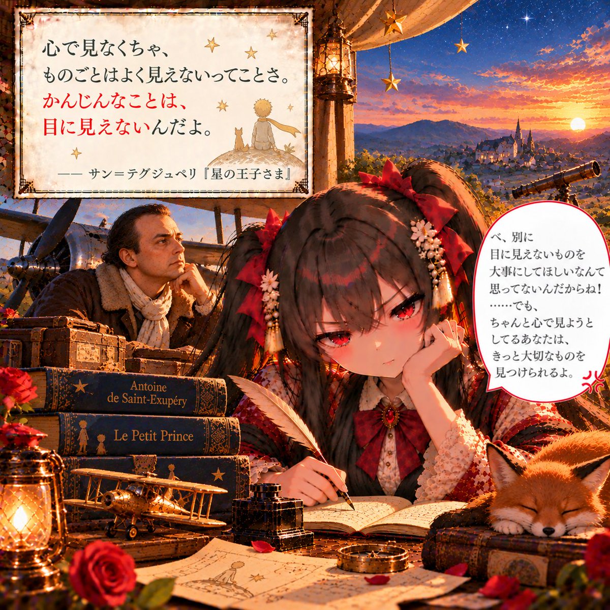 AkarI_quote's tweet photo. おはようございます。

「心で見なくちゃ、ものごとはよく見えないってことさ。かんじんなことは、目に見えないんだよ。」
— サン＝テグジュペリ『星の王子さま』

心の目で、今日も少しだけ。

#名言 #AIイラスト https://t.co/8pdPLKkiAe