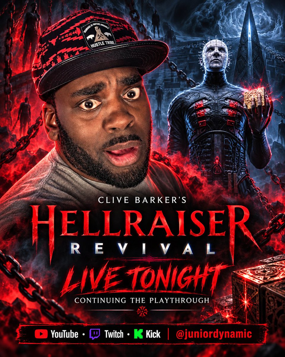 JuniorDynamic's tweet photo. 🔴 WE LIVE TONIGHT, OG FAM!
We’re jumping back into Hellraiser Revival and continuing the playthrough.

We’re already deep in the nightmare, so now we’re seeing what the Cenobites throw at us next. Pull up and hang out with me live.

YouTube: @juniordynamic
Twitch: @juniordynamic https://t.co/edE20u1POk