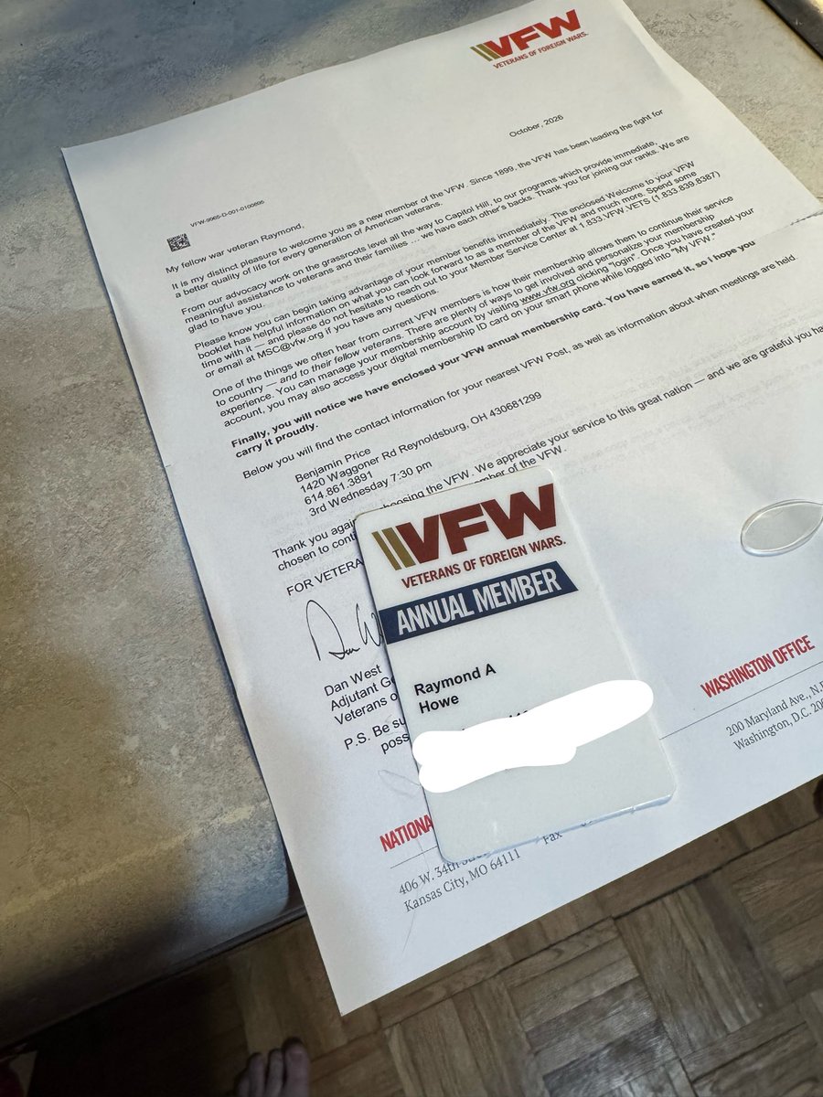 ray709columbus's tweet photo. And it happened. Decided it was time to join an organization and always thought about the VFW ever since I got eligible. Much more to follow as my journey continues and I keep working towards a very special goal to help my fellow vets.  @VFWHQ https://t.co/iYbrYRPgAk